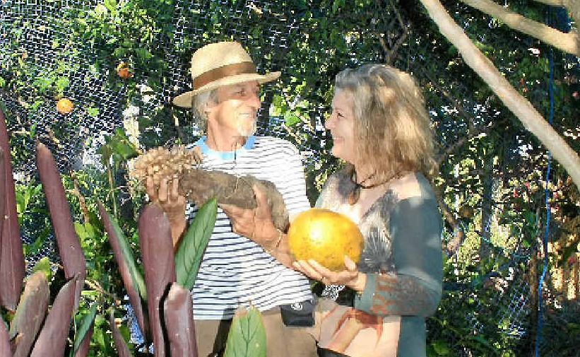 TRULY SUBSISTENT: Michel and Jude Fanton with some of the range of edible crops they grow in their Byron garden. TRULY SUBSISTENT: Michel and Jude Fanton with some of the range of edible crops they grow in their Byron garden.